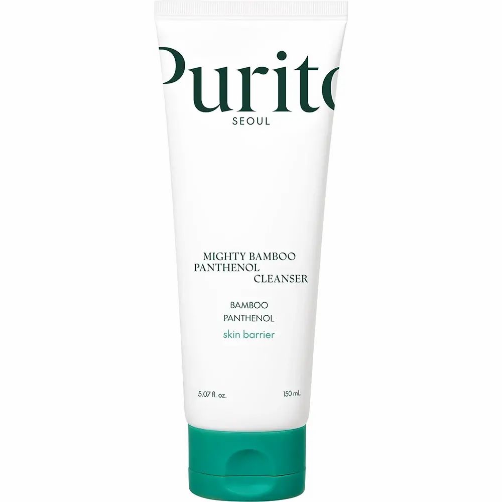 Weiße Tube mit grünem Verschluss. Aufschrift: PURITO SEOUL, Mighty Bamboo Panthenol Cleanser. 150 ml.