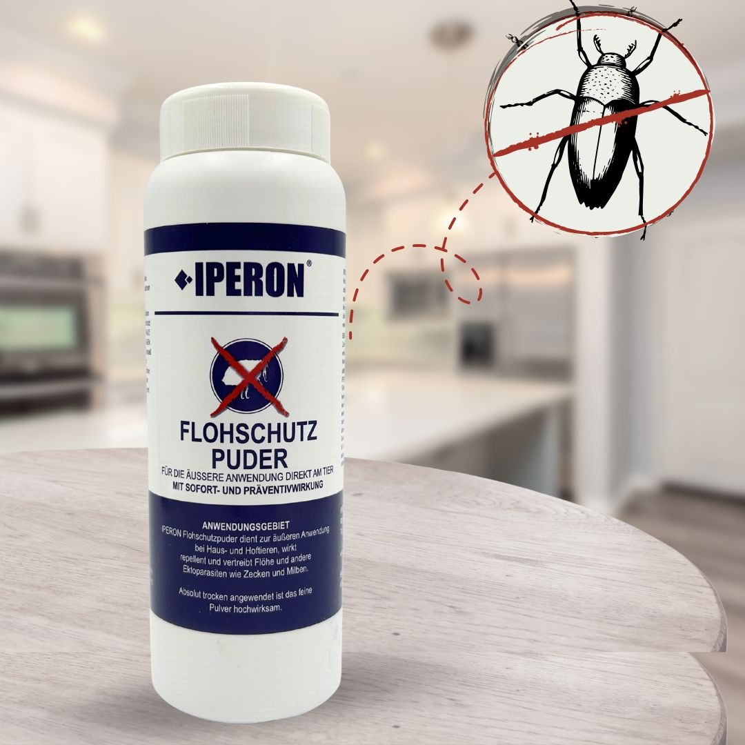 Flasche IPERON® Flohschutz Puder auf einem Tisch, mit Insektensymbol.