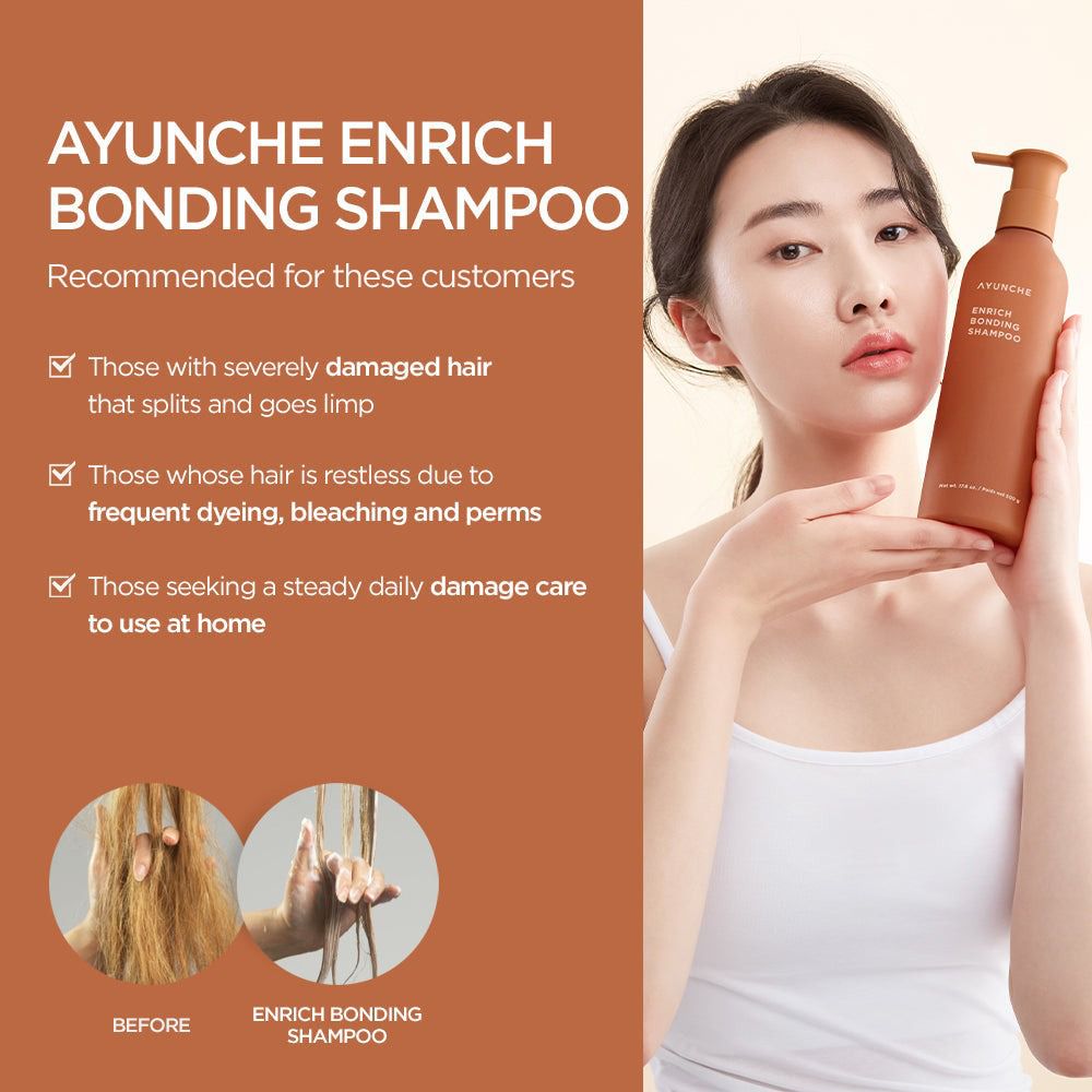 Eine Frau hält eine braune Shampoo-Flasche. Text: AYUNCHE ENRICH BONDING SHAMPOO. Empfohlen für Kunden mit geschädigtem Haar.
