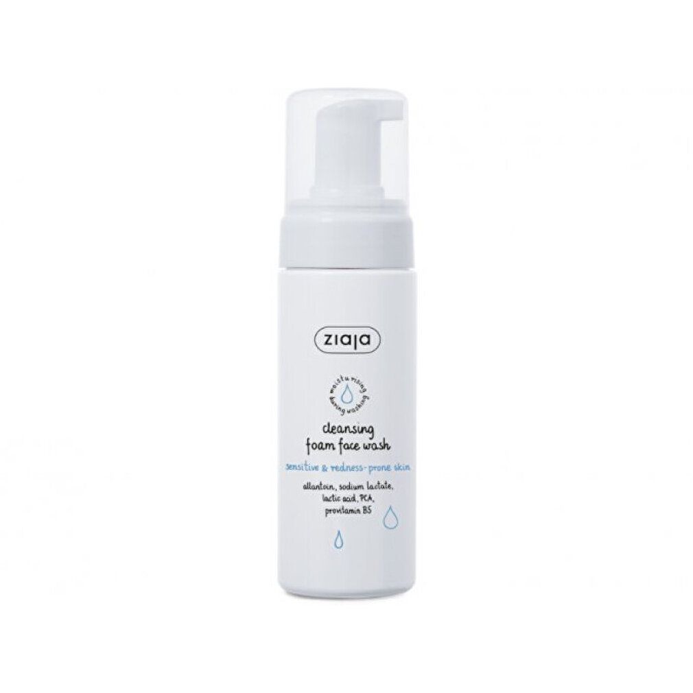 Weiße Flasche mit Pumpverschluss. Aufschrift: Ziaja, cleansing foam face wash. Für empfindliche Haut. Blaue Tropfen-Symbole.