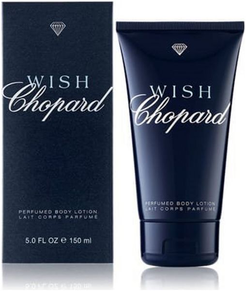 Dunkelblaue Tube und Schachtel mit "Wish Chopard"-Logo. Text: "Perfumed Body Lotion". 5.0 FL OZ e 150 ml.
