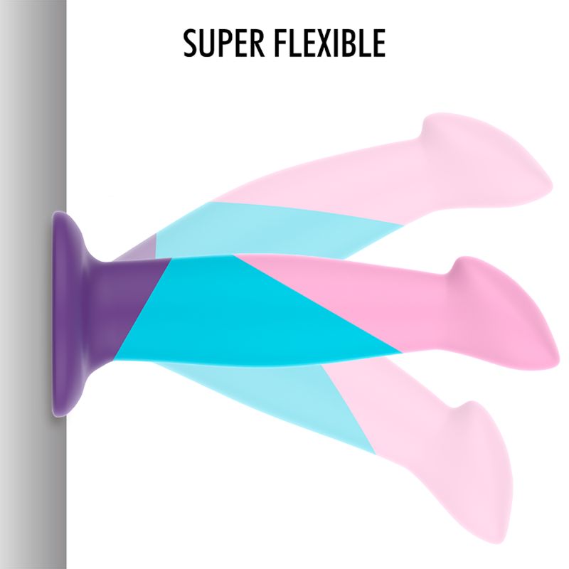 Mehrfarbiger Dildo in drei Positionen. Flexibles Design. Rosa, blau und lila Farbkombination.