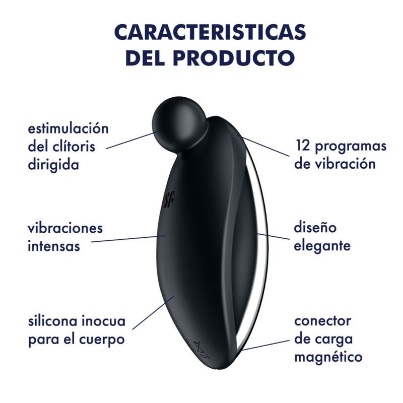 Diagramm mit Produktmerkmalen. Schwarzes Wellness-Produkt mit kugelförmigem Aufsatz. Beschriftungen in Spanisch.