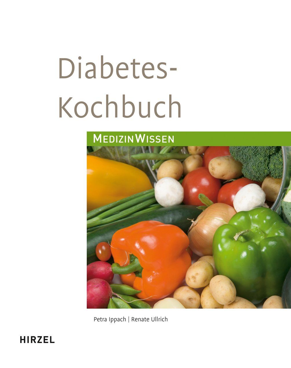 Kochbuch mit dem Titel "Diabetes-Kochbuch". Auf dem Cover Gemüse, darunter Paprika und Tomaten. Autoren: Petra Ippach und Renate Ullrich.