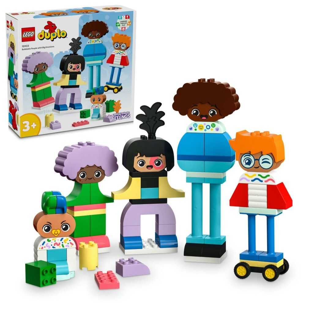 LEGO DUPLO-Set mit Figuren und Verpackung. Figuren in verschiedenen Farben und Formen. Verpackung mit Produktname und Altersempfehlung.