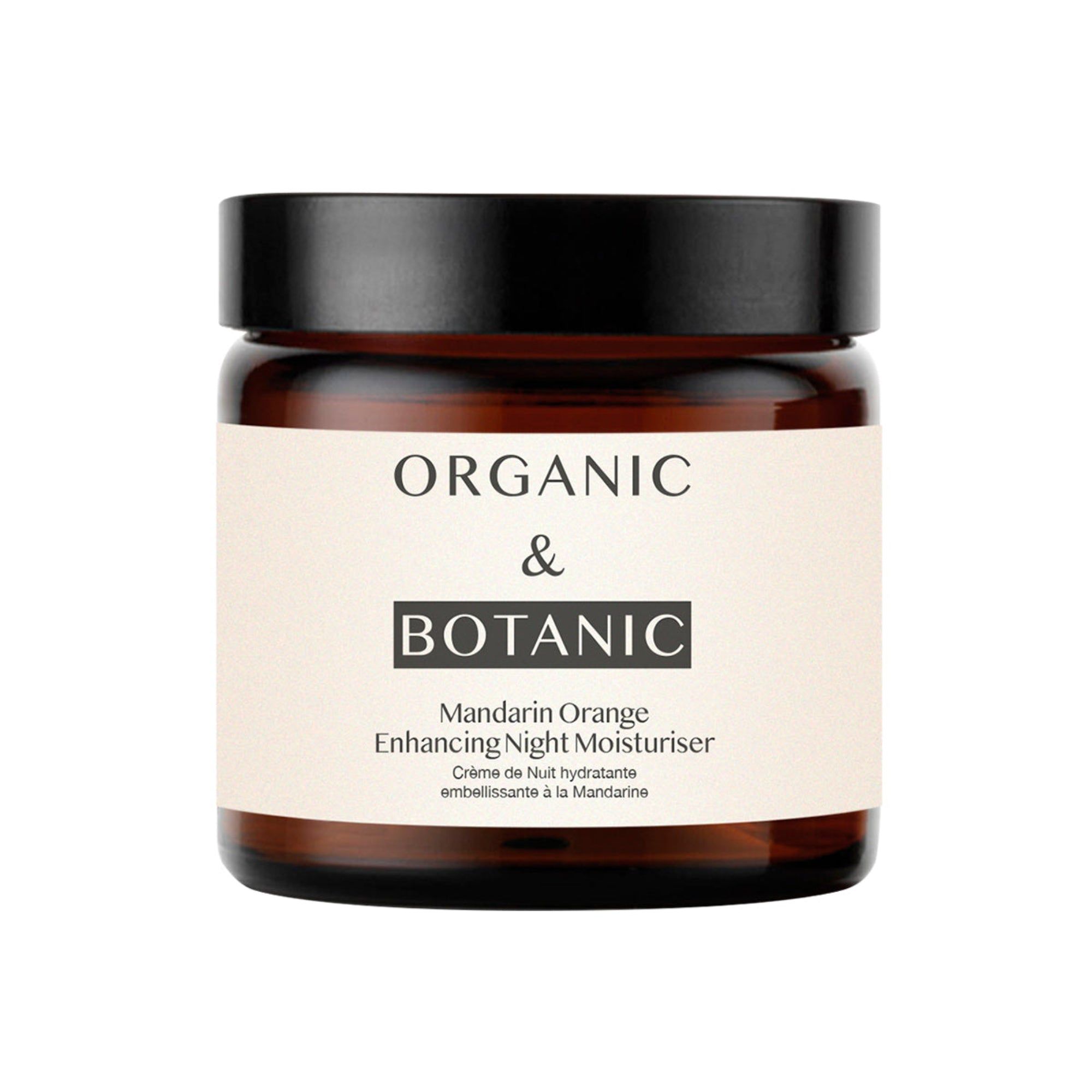 Braune Glasdose mit schwarzem Deckel. Etikett mit "ORGANIC & BOTANIC" und Produktinformationen.