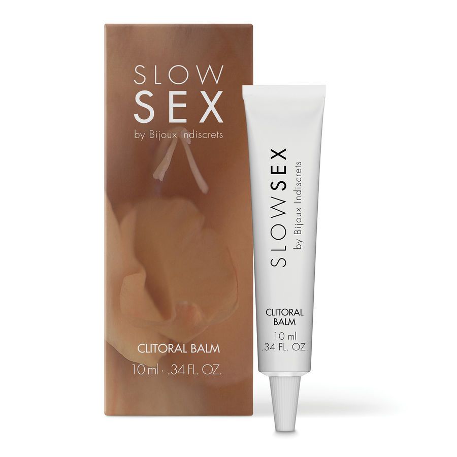 Verpackung und Tube. Verpackung: SLOW SEX, CLITORAL BALM, 10 ml. Tube: weiß, SLOW SEX, CLITORAL BALM. Marke: Bijoux Indiscrets.