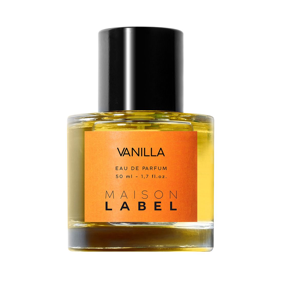 Parfümflakon mit schwarzem Deckel. Aufkleber mit "VANILLA", "MAISON LABEL".