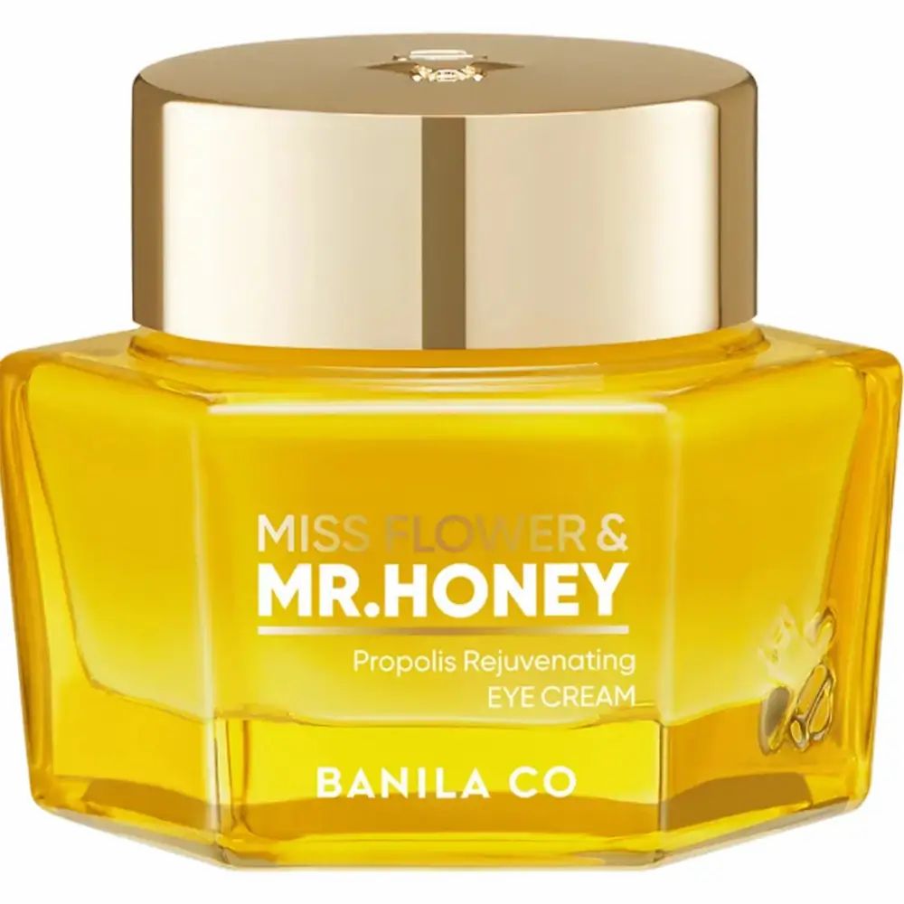 Goldfarbener Tiegel Augencreme. Aufschrift: Miss Flower & Mr. Honey, Propolis Rejuvenating Eye Cream, BANILA CO. Auf weißem Hintergrund.