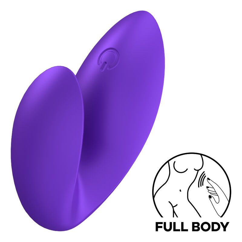 Lila Fingervibrator, herzförmig. Mit Ein-/Ausschalter. Illustration: Ganzkörper-Massage.