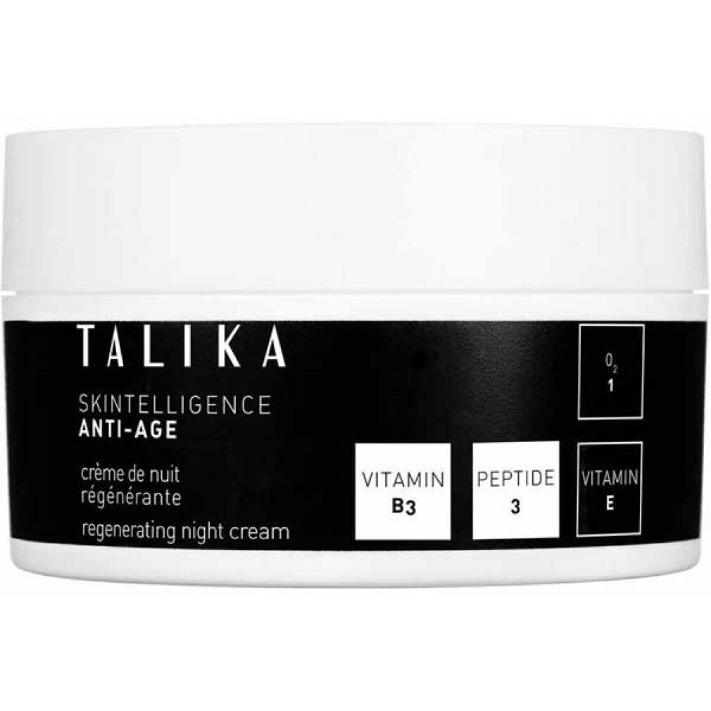 Creme-Tiegel mit schwarzem Etikett. Aufschrift: TALIKA, Skintelligence Anti-Age, Regenerating Night Cream. Enthält Vitamin B3, Peptid 3, Vitamin E.