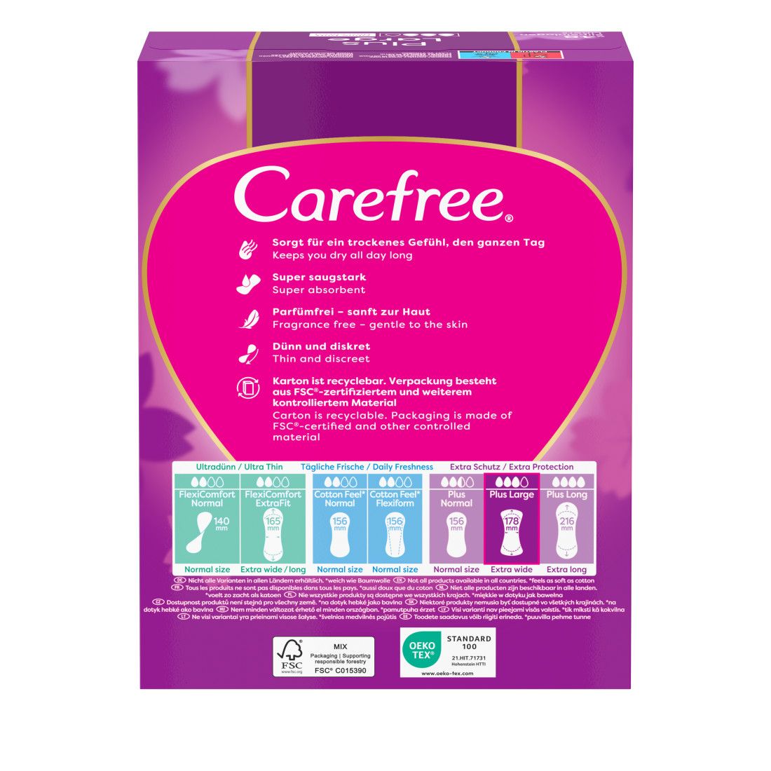 Rückseite der Carefree Plus Large Verpackung. Text über Eigenschaften und Zertifizierungen. FSC-Logo.