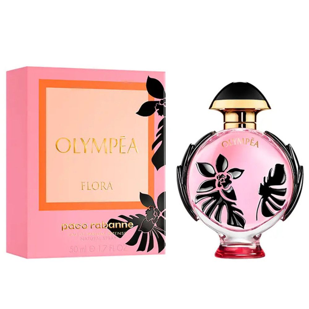 Paco Rabanne Olympea Flora Eau de Parfum Flakon und rosa Verpackung mit Blattmotiven.