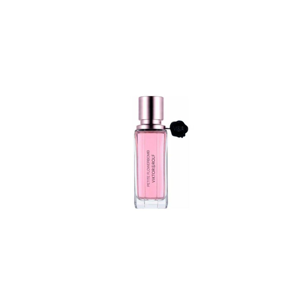 Kleine, rechteckige Glasflasche mit rosafarbenem Parfum. Aufschrift: PETITE FLOWERBOMB, VIKTOR & ROLF. Schwarzer Verschluss.