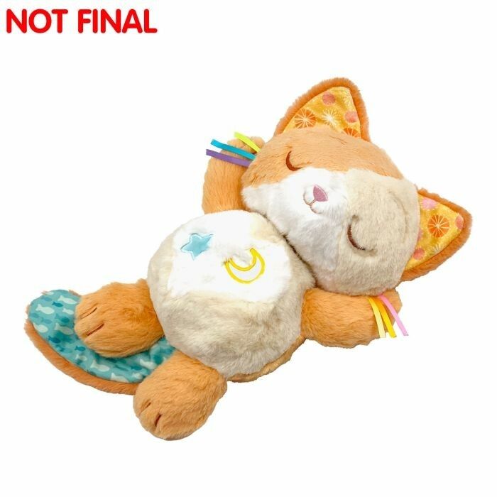 Kuscheltier Katze, orange-weiß, mit geschlossenen Augen. Bauch mit Stern und Mond. Bunte Bänder an den Ohren. Blaue Füße.