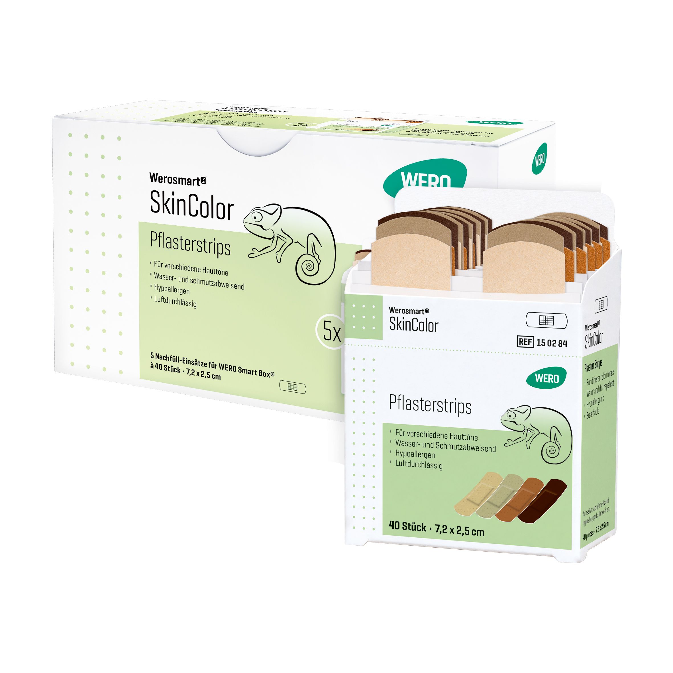 Pflasterstrips in Spenderbox und Nachfüllpackung. Hautfarben, verschiedene Töne. Werosmart SkinColor, 40 Stück, 7,2 x 2,5 cm.