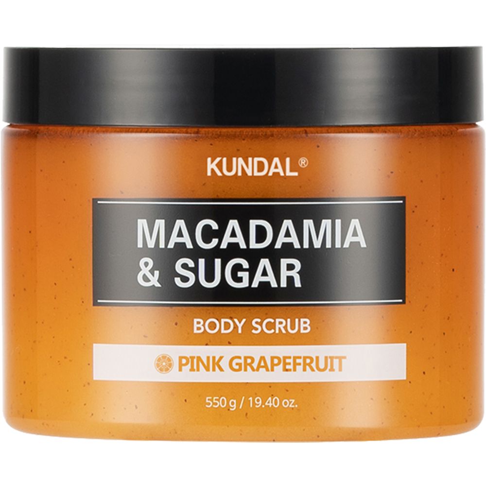 Körperpeeling mit Zucker, rosa Grapefruit, in Dose. 550 g / 19.40 oz. Schwarzer Deckel, orangefarbener Hintergrund.