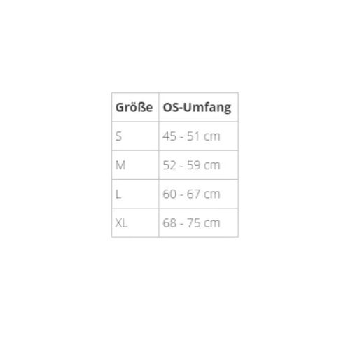 Größentabelle für Oberschenkelbandage. Größen: S (45-51 cm), M (52-59 cm), L (60-67 cm), XL (68-75 cm).