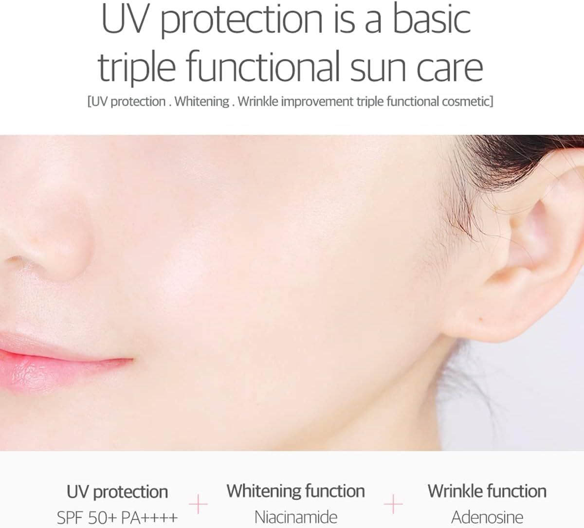 Nahaufnahme eines Gesichts. Text: UV protection is a basic triple functional sun care. SPF 50+ PA++++.