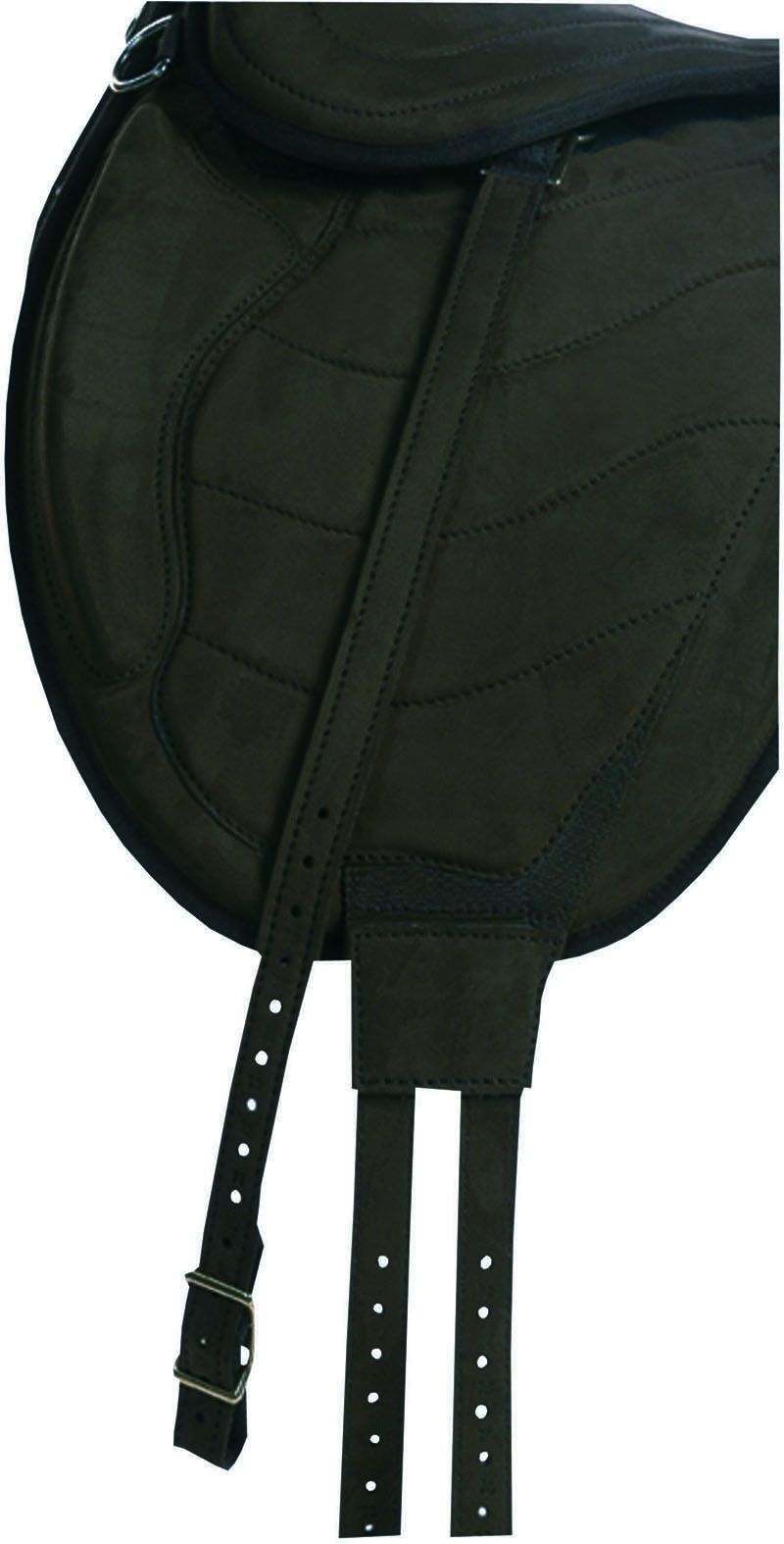 Schwarzer Sattel mit Steigbügelriemen. Leder, Steppnähte, Schnallen. Detailaufnahme.