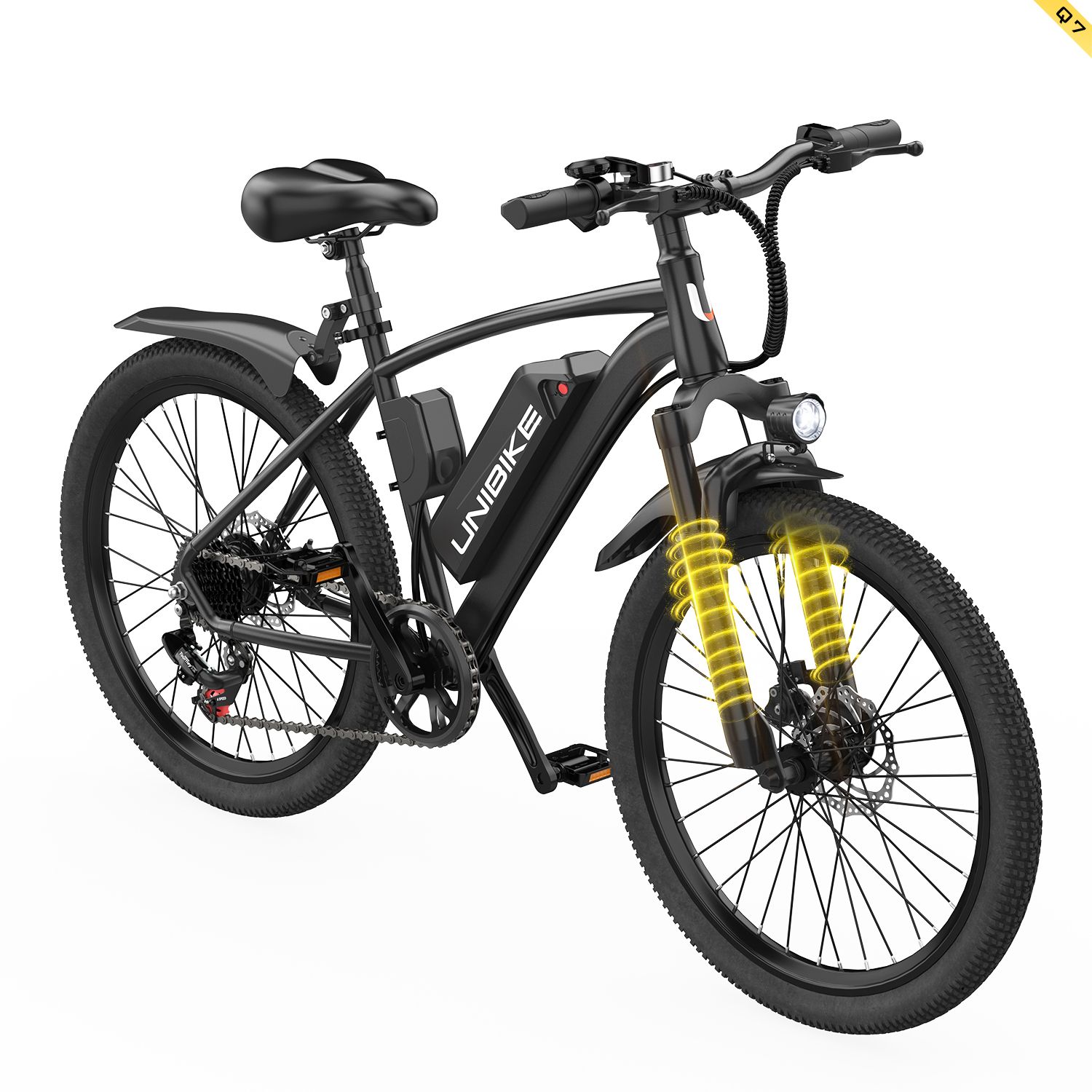 Schwarzes Elektrofahrrad mit Federgabel, Scheinwerfer und UNIBIKE-Logo. Reifen mit Profil, Schutzbleche und Sattel.