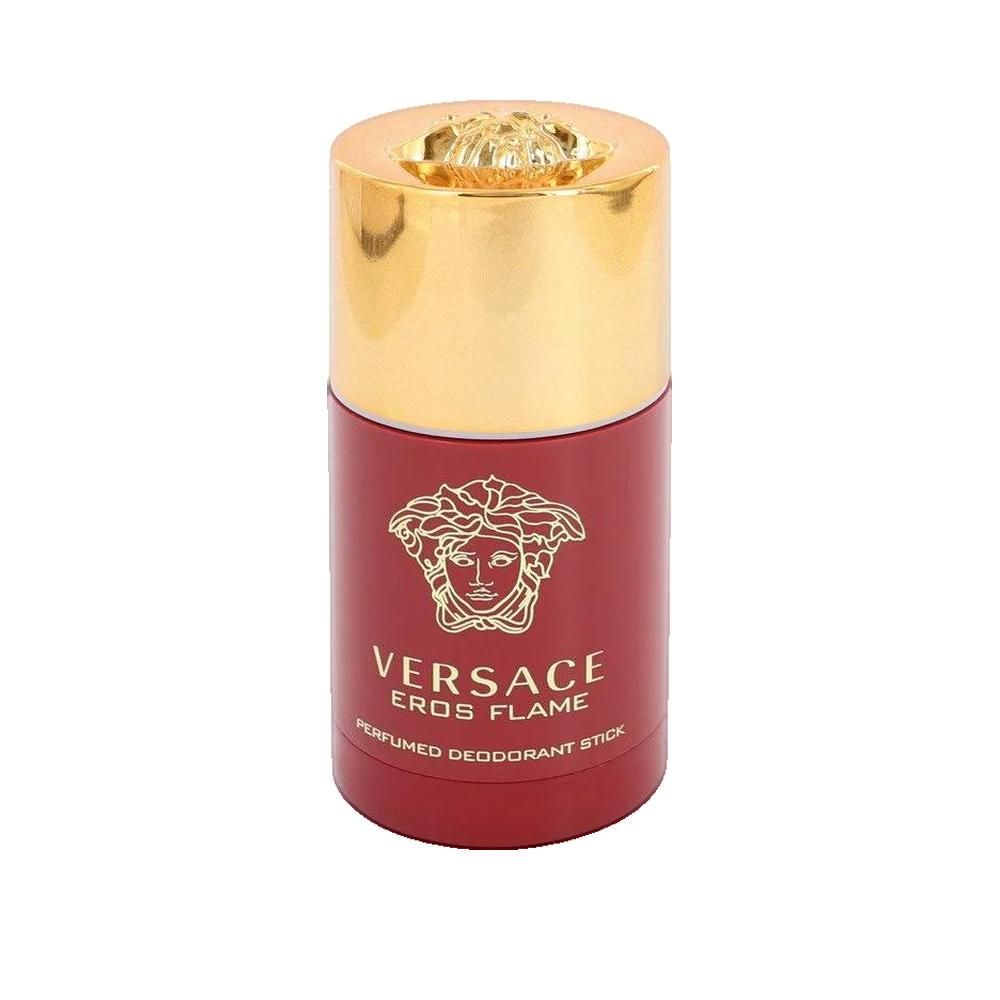 Deodorant-Stick. Roter Behälter mit goldener Kappe. Marke Versace, Schriftzug Eros Flame. Medusa-Logo.