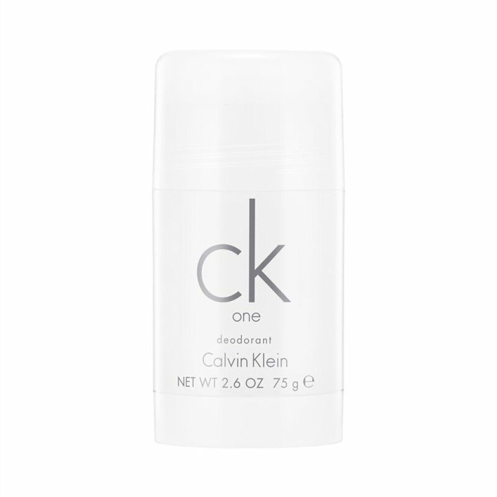 Weißer Deo-Stick Calvin Klein One. Schriftzug: ck one, Deodorant, Calvin Klein. Schwarze Schrift.