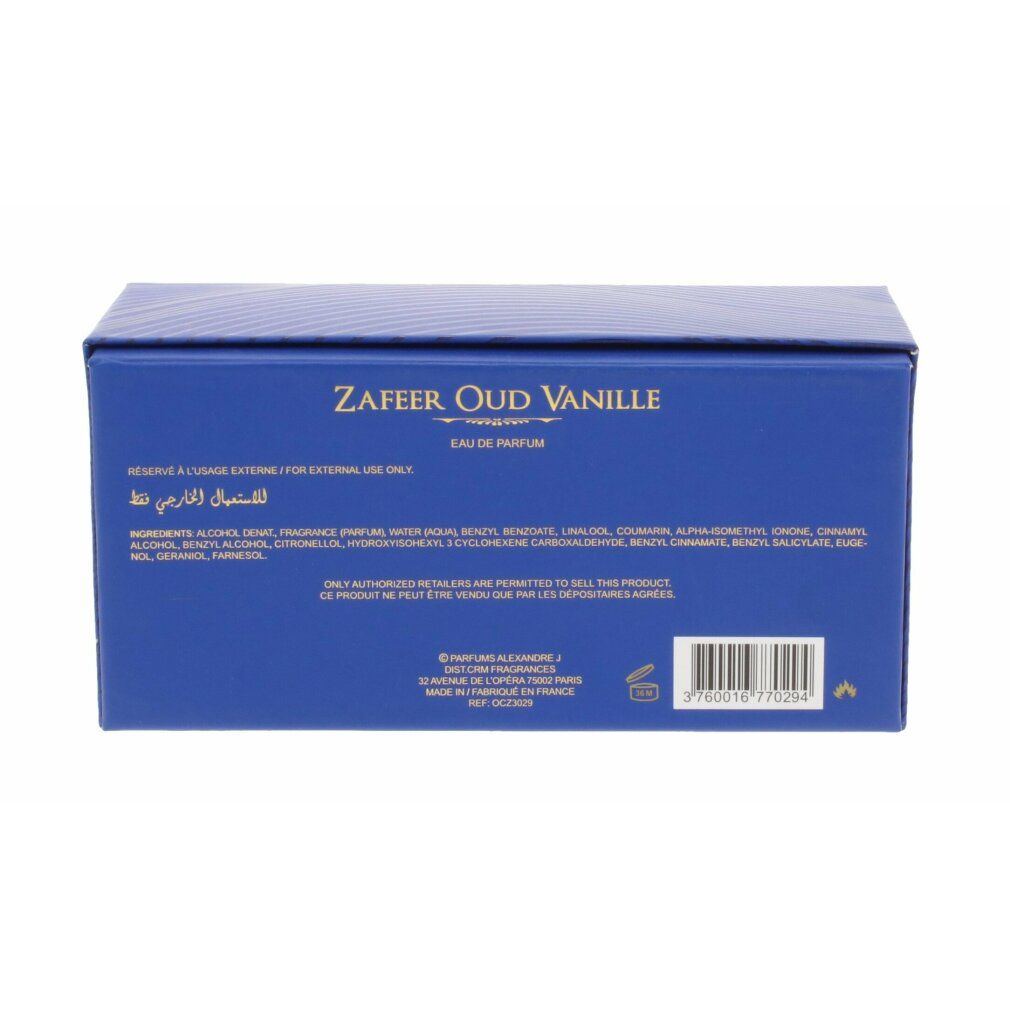 Rückseite der blauen Verpackung. Text: Zafeer Oud Vanille, Eau de Parfum. Inhaltsstoffe, Warnhinweise und Herstellerinformationen.
