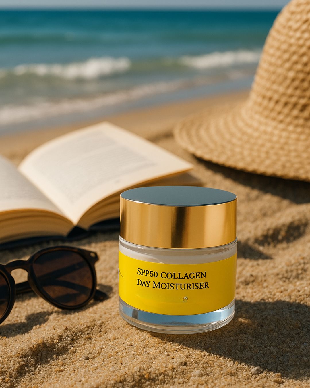 Ein Tiegel mit goldfarbenem Deckel auf Sand. Gelbes Etikett mit Text. Sonnenbrille, Hut und Buch im Hintergrund.