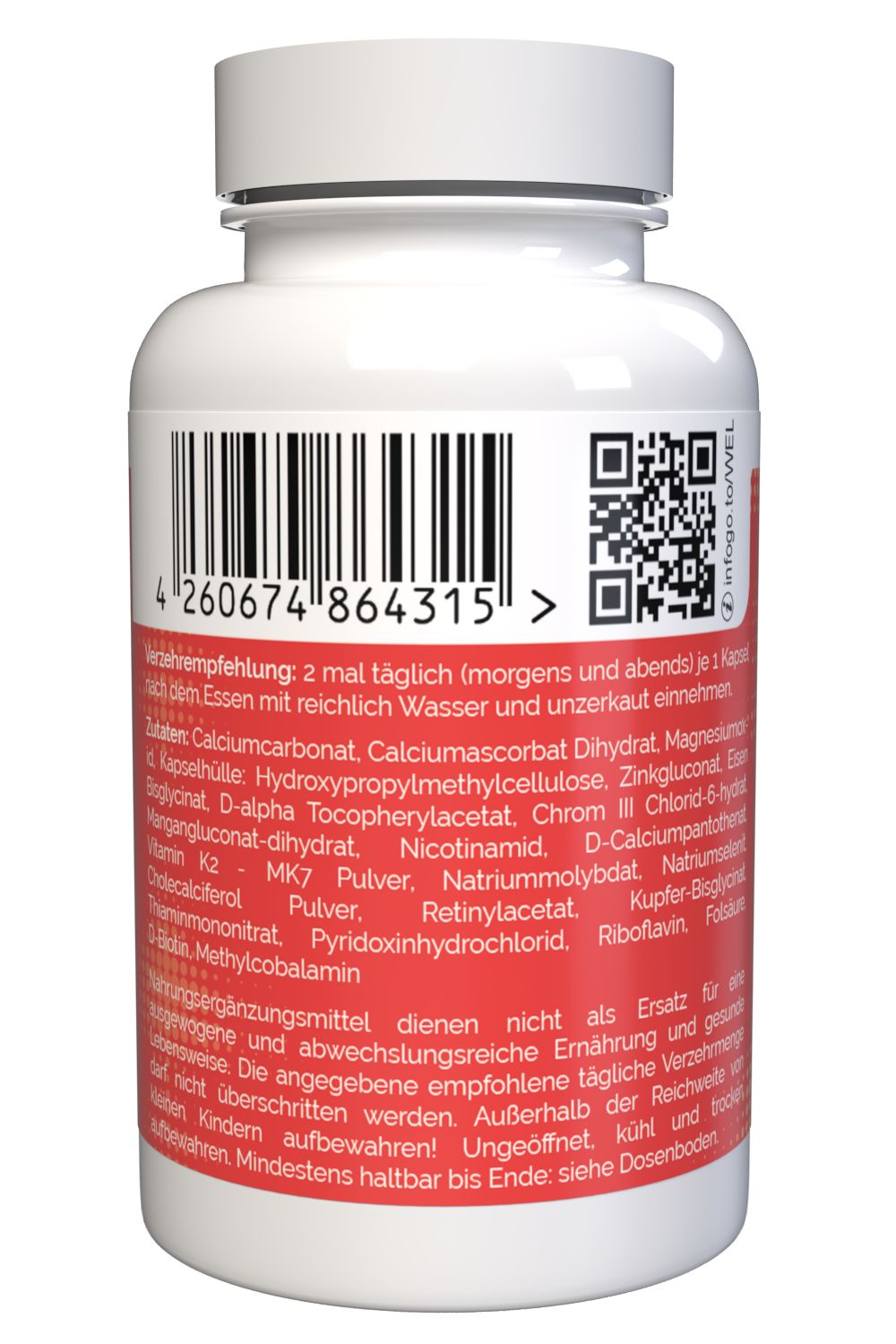 Weiße Flasche mit rotem Etikett. Barcode und QR-Code. Text in deutscher Sprache mit Inhaltsstoffen und Dosierungshinweisen.