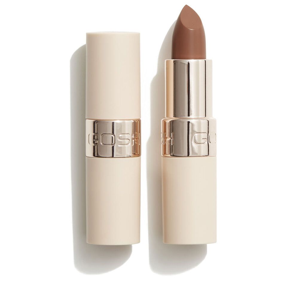 Lippenstift, hellbeige Hülse, goldfarbener Ring mit GOSH-Logo. Lippenstift in Braun. Geöffnet und geschlossen.