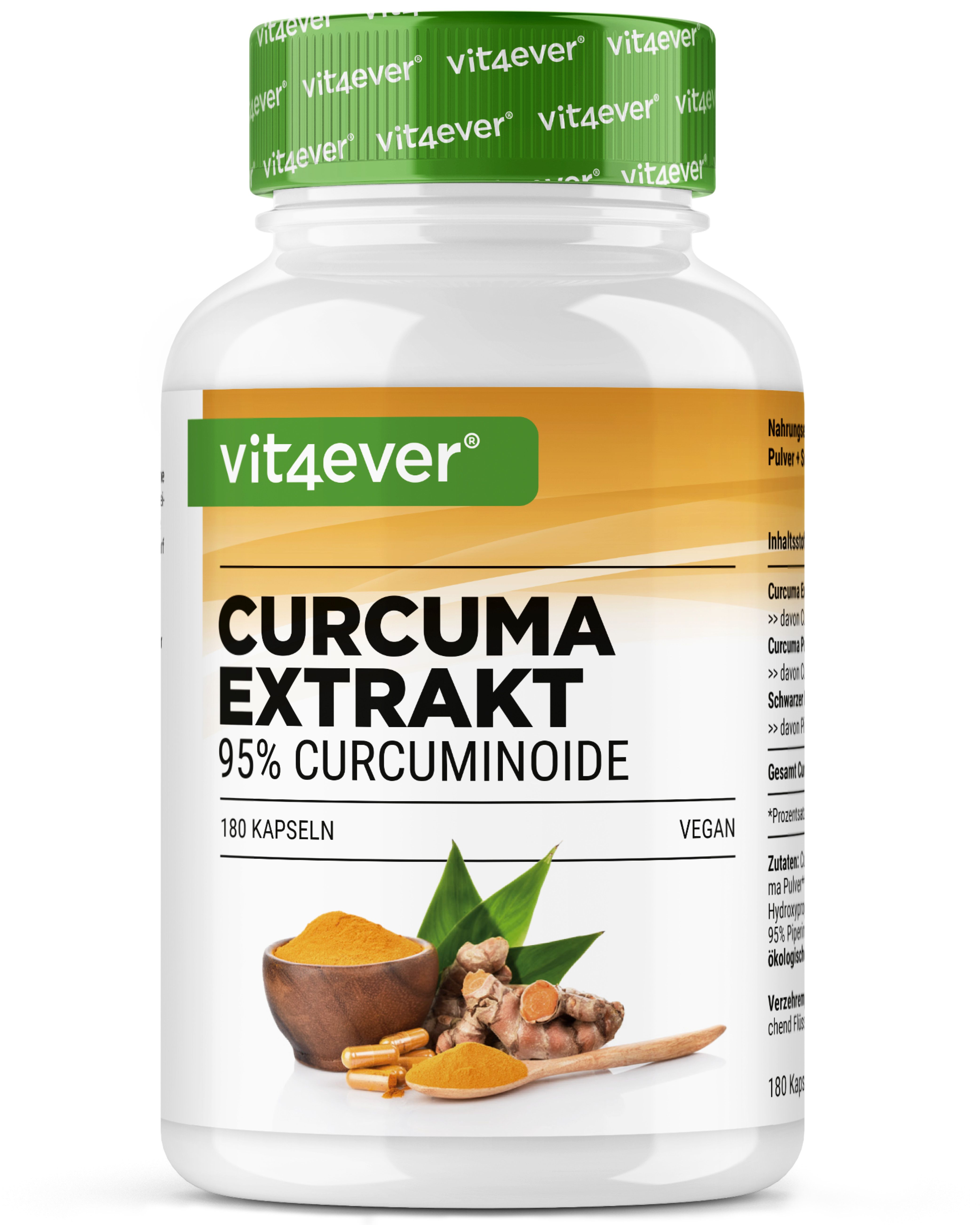 Weiße Flasche mit grünem Deckel. Aufkleber mit "Curcuma Extrakt" und 180 Kapseln. Abbildung von Kurkuma-Pulver und Blättern.