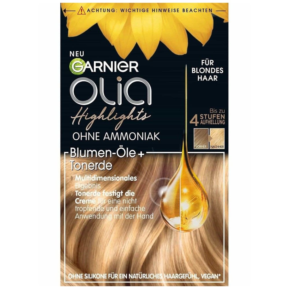 Garnier Olia Highlights Packung. Blondes Haar, ohne Ammoniak. Sonnenblumen-Öle. Farbkarte. Produktabbildung mit Haarsträhne.