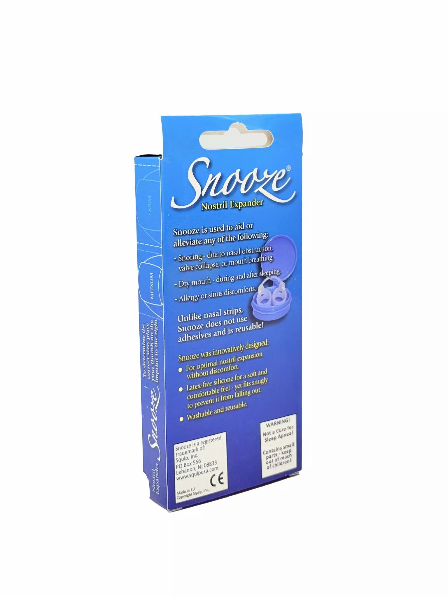 Rückseite der blauen Produktverpackung. Zeigt Informationen zum Produkt Snooze, einschließlich der Verwendung und der Materialien.