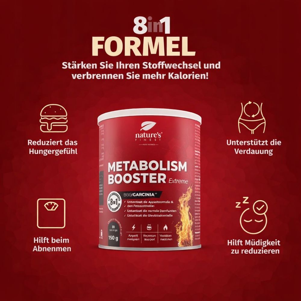 Rote Dose mit weißem Deckel. Aufschrift: Metabolism Booster Extreme. 8in1 Formel. Grafiken: Hungergefühl, Verdauung, Abnehmen.
