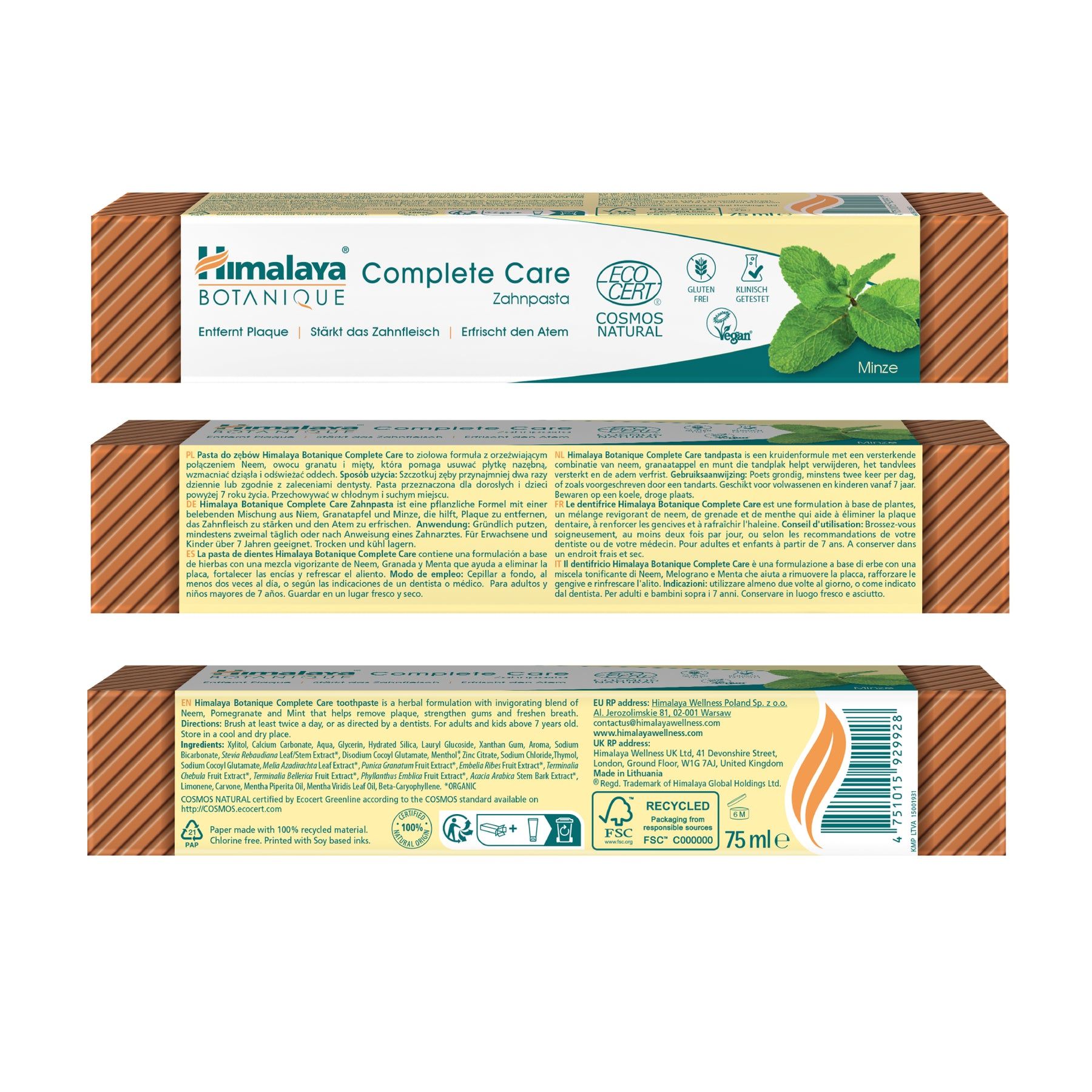 Himalaya Botanique Complete Care Zahnpasta-Verpackung mit Minzblatt-Design und Siegeln.