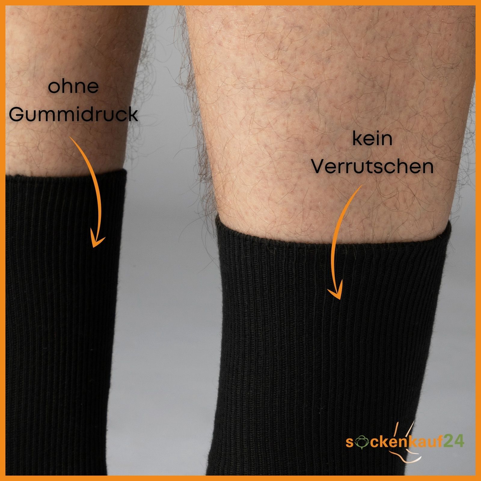 Nahaufnahme von zwei schwarzen Sockenbündchen. Text: ohne Gummidruck, kein Verrutschen. Text: sockenkauf24.