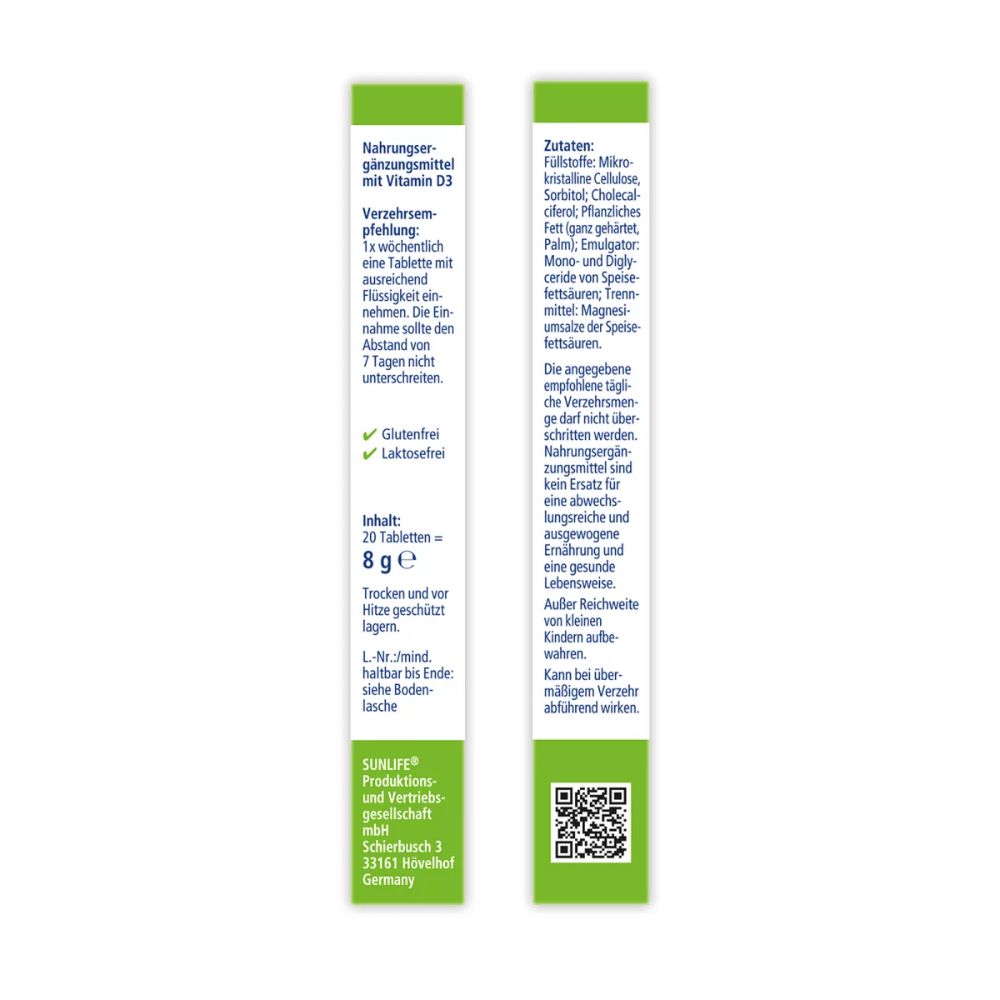 Rückseite der Verpackung SUNLIFE Vitamin D3 Wochendepot. Enthält Informationen zu Inhaltsstoffen und Nährwerten. Text in deutscher Sprache.