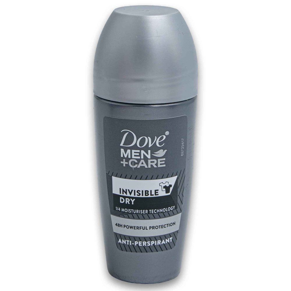 Grauer Roll-On-Deo. Aufschrift Dove Men+Care, Invisible Dry, 1/4 Moisturiser Technology, 48h Powerful Protection, Anti-Perspirant.
