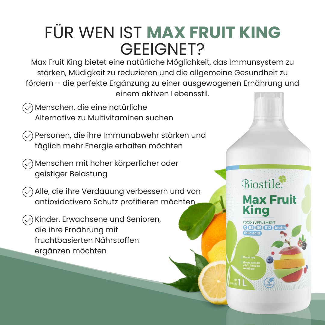 Biostile Max Fruit King Saftflasche neben Früchten, mit Text über Eignung.