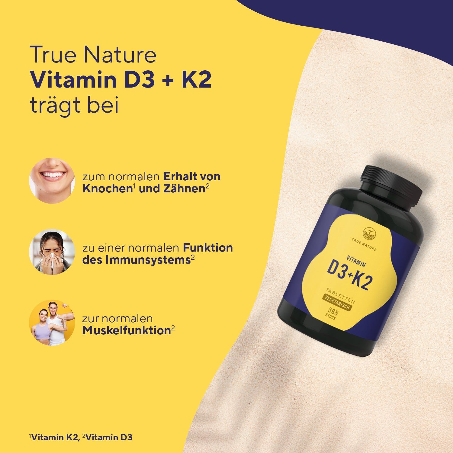 Produktflasche mit gelbem Hintergrund. Vitamin D3 + K2 trägt bei: Knochen, Zähne, Immunsystem, Muskelfunktion.