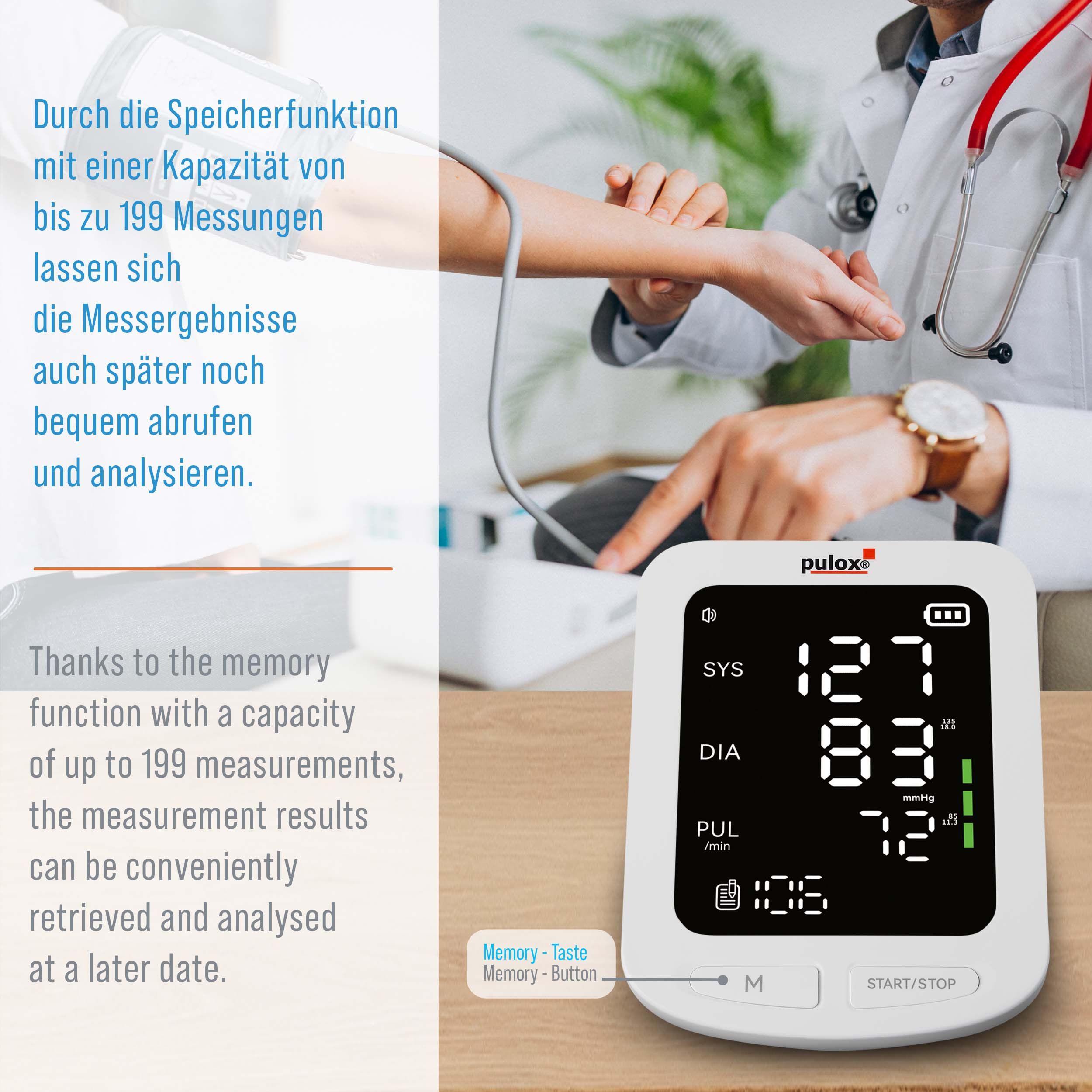 Blutdruckmessgerät pulox mit Digitalanzeige. Messwerte: SYS, DIA, PUL. Arzt und Patient im Hintergrund. Speicherfunktion.