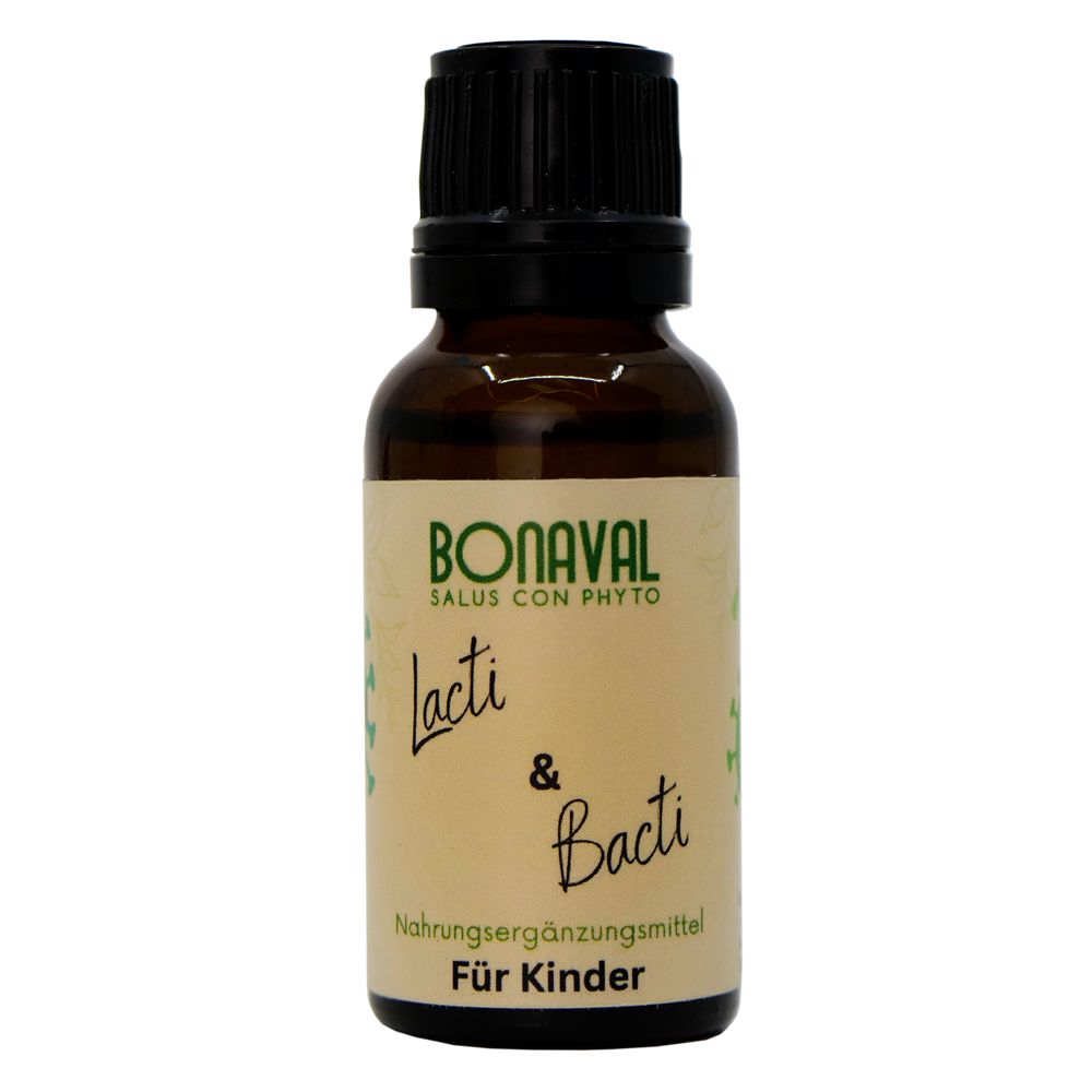 Braune Tropfenflasche. BONAVAL Lacti & Bacti, Nahrungsergänzungsmittel für Kinder. Enthält 6 Kulturen, vegan.