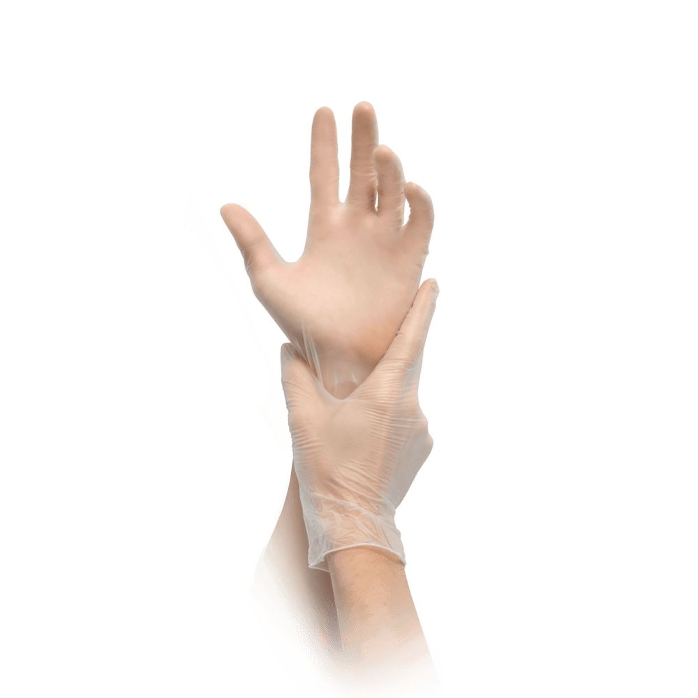 Hände mit dünnen, transparenten Vinylhandschuhen, Größe M.
