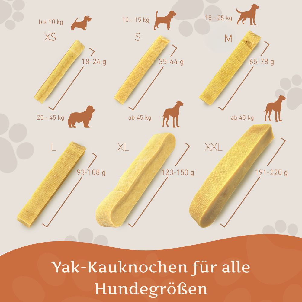 Sechs gelbliche Kausnacks in verschiedenen Größen, mit Größenangaben für Hunde von XS bis XXL.