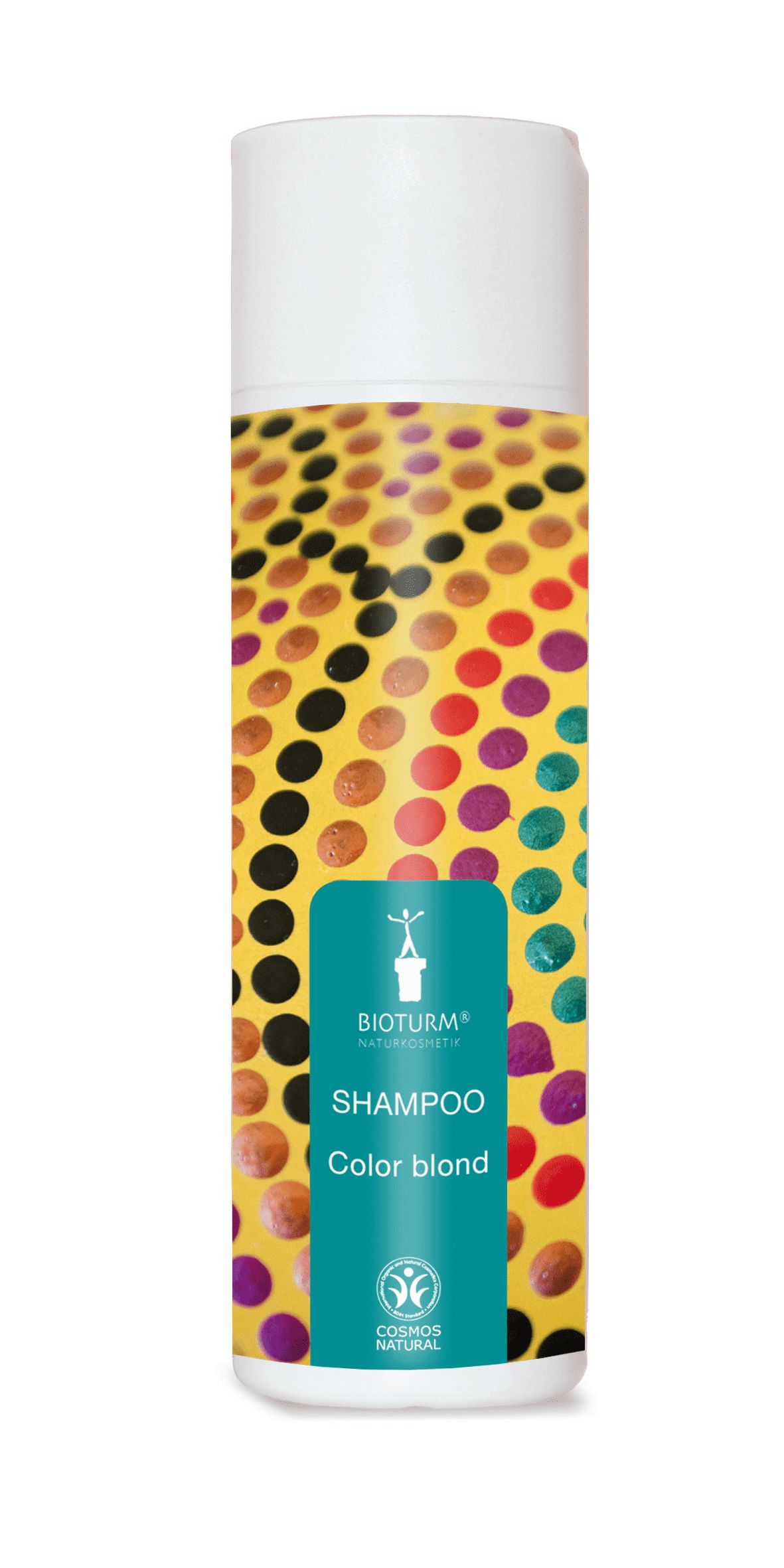 Zylindrische Flasche mit weißem Deckel. Aufkleber mit gelbem Hintergrund und farbigen Punkten. Text: Shampoo Color blond. Logo: Bioturm Naturkosmetik.