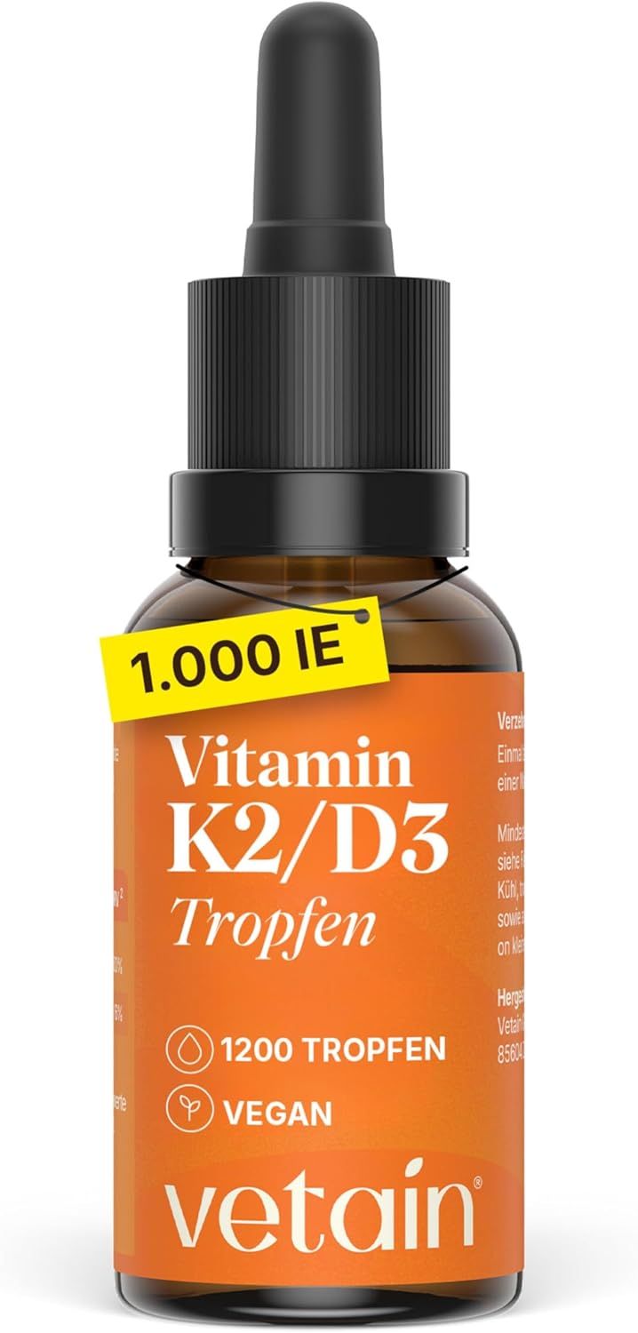 Vetain Vitamin K2/D3 Tropfen Flasche mit Pipette und gelbem Etikett "1.000 IE".