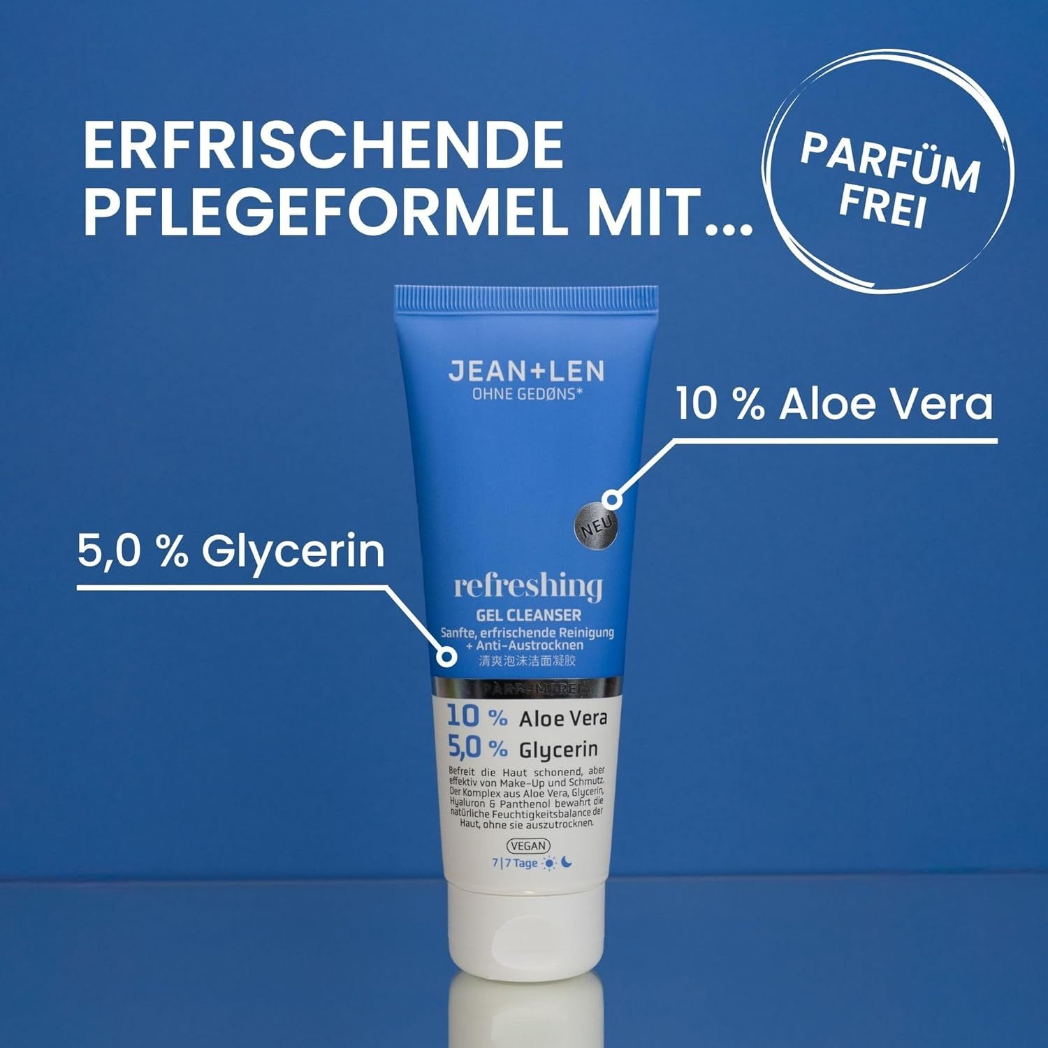 Blau-weiße Tube mit Produktinformationen. Text: 10% Aloe Vera, 5,0% Glycerin, parfümfrei. Marke: Jean & Len.