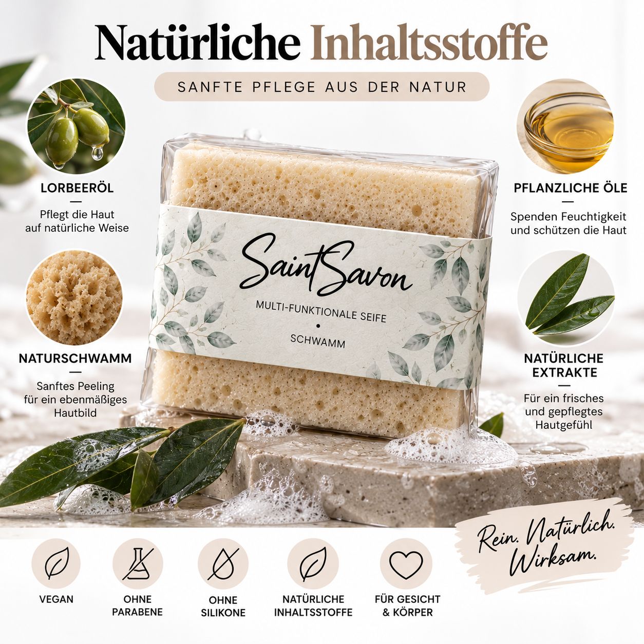 Saint Savon Seifenschwamm mit Fokus auf natürliche Inhaltsstoffe wie Lorbeeröl und Pflanzenöle.