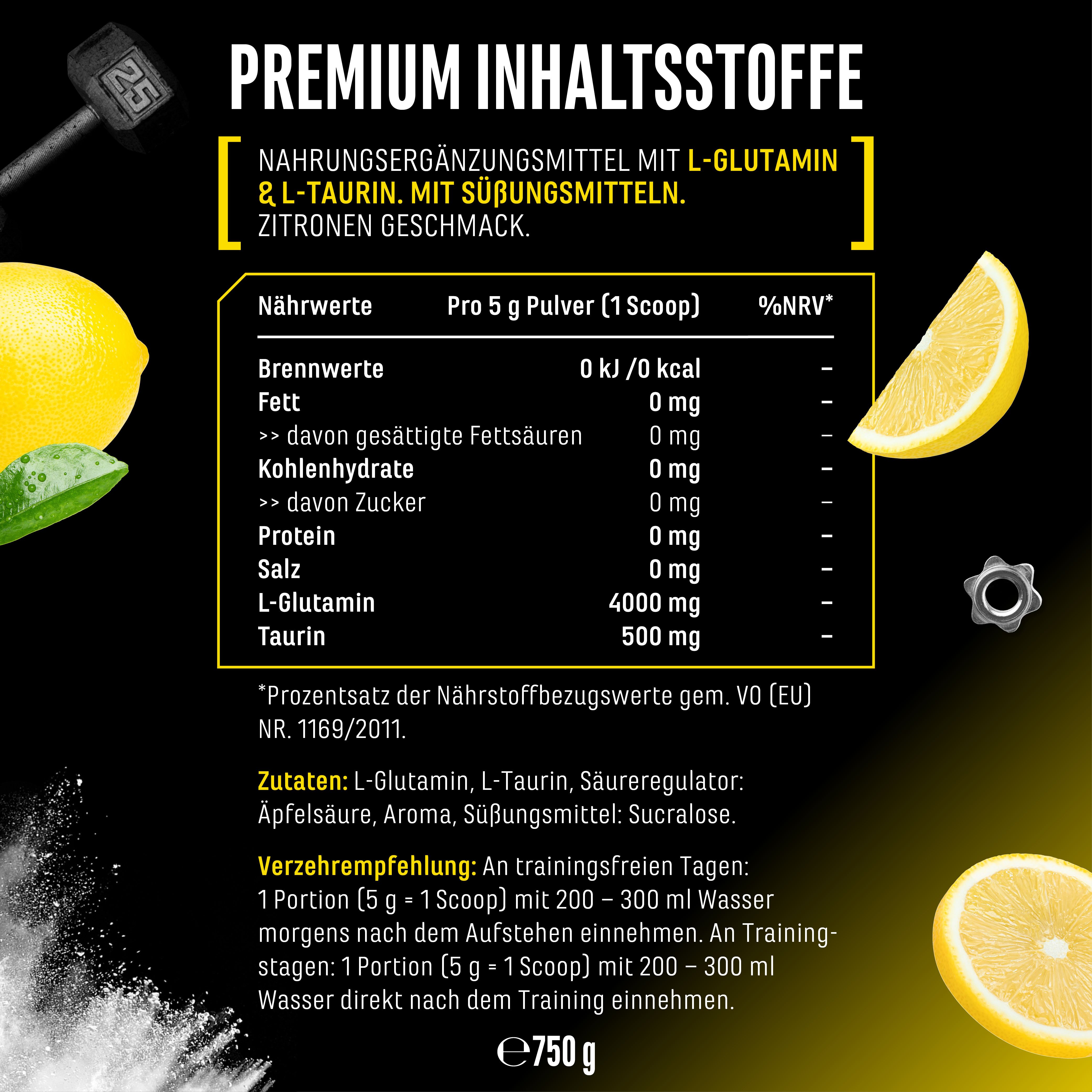 Nährwerttabelle für GEN L-Glutamin. Pro 5g Pulver: 4000mg L-Glutamin, 500mg Taurin. Zitrone.